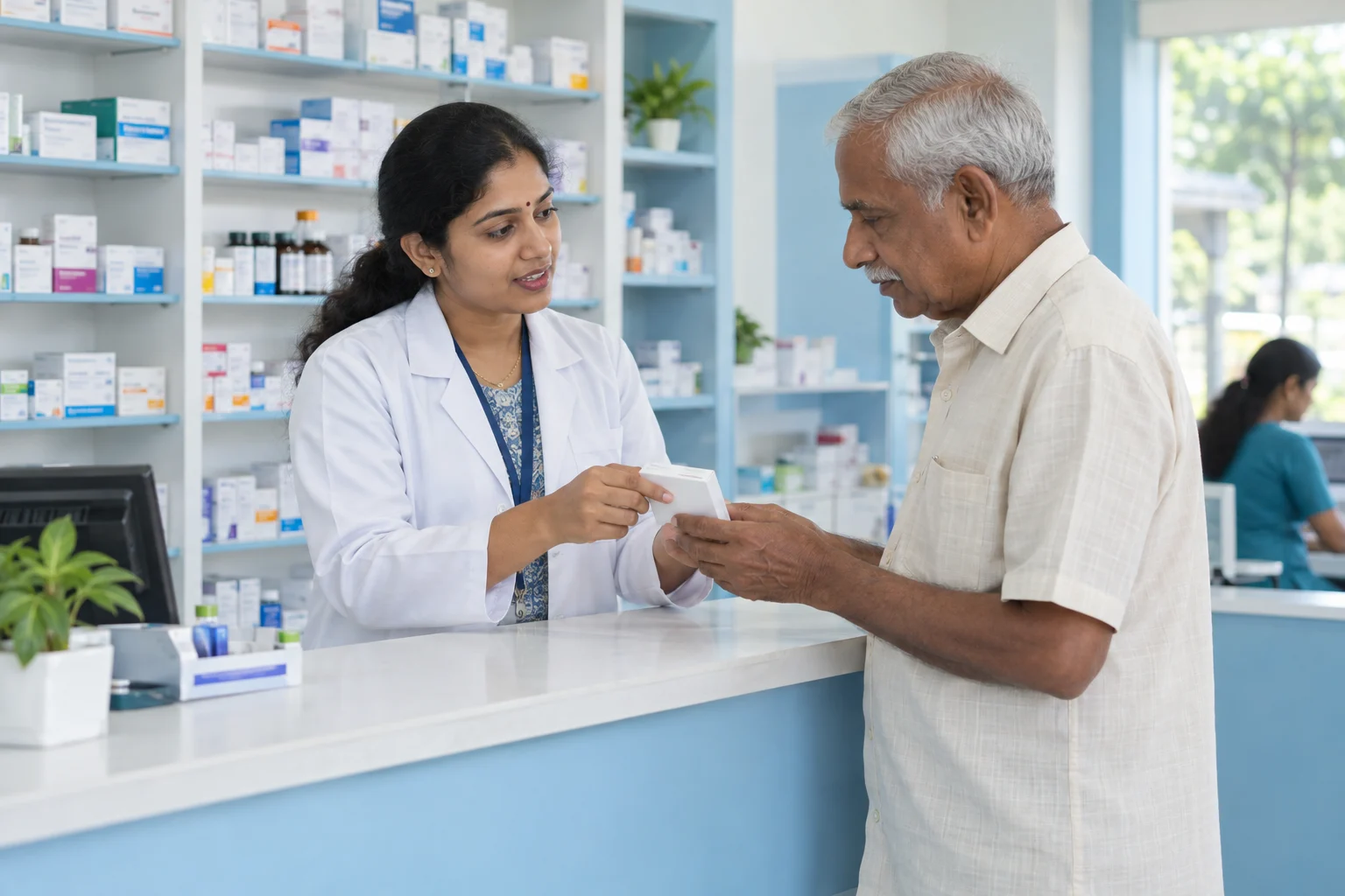 Pharmacy service with Indian healthcare professionals — illustrative image